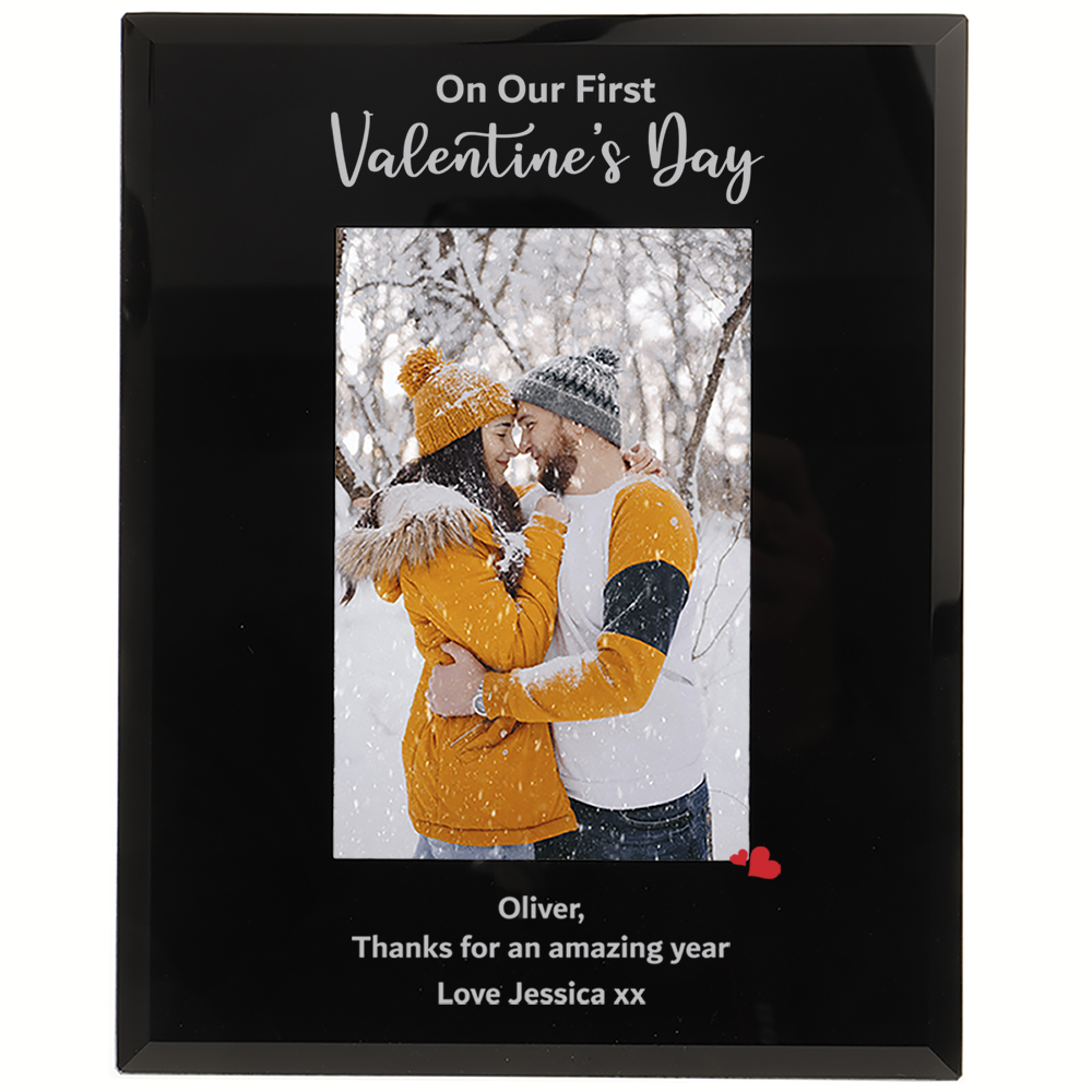 Personalised First Valentine's Day Photo Frame 6x4'' or 7x5'' black Glass Frame  Black Glass